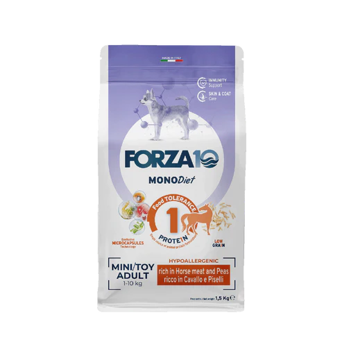 Forza10 MonoDiet Mini/Toy Adult Sausā barība maza izmēra suņiem ar zirgu un zirņiem, 1,5kg