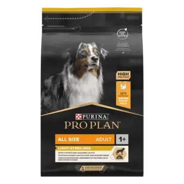 Purina PRO PLAN® All Sizes Adult Dog Light/Sterilised Sausā barība visa izmēra kastrētiem suņiem ar vistu, 3kg