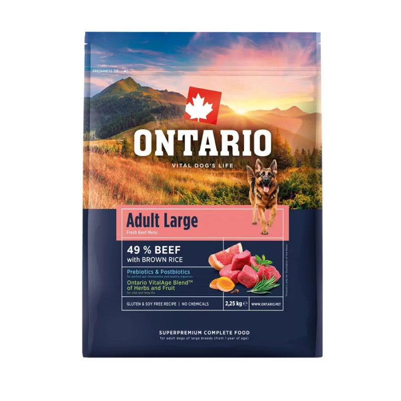 Ontario Dog Adult Large Sausā Barība Suņiem ar Liellopu, Rīsiem, 2,25 kg
