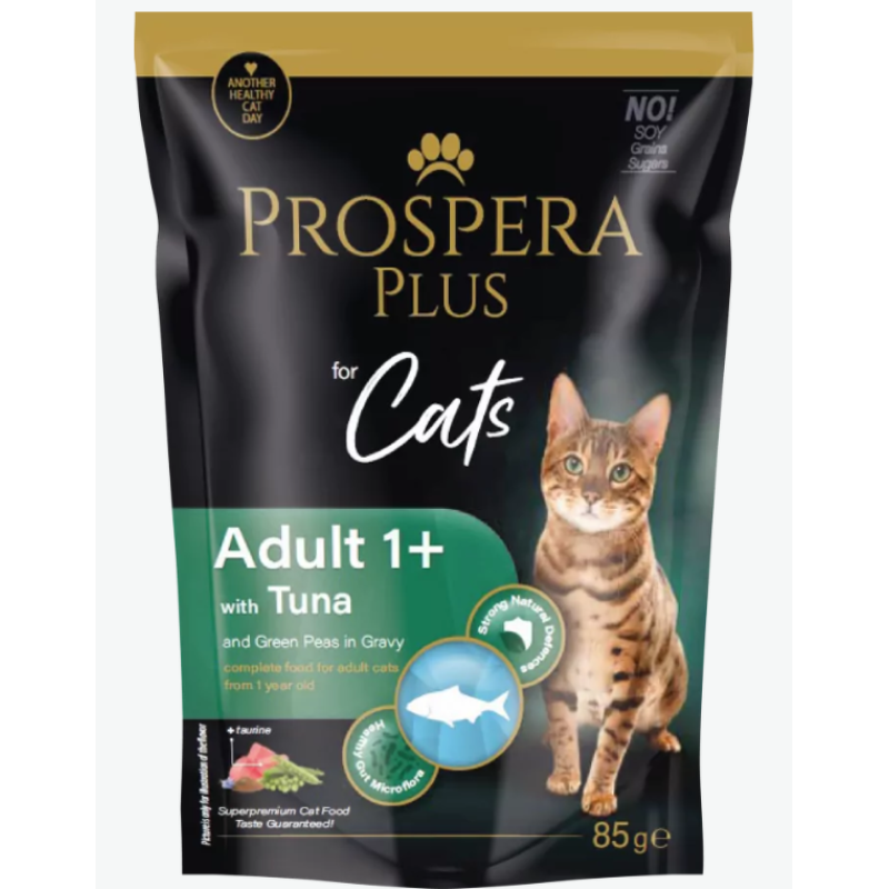 Prospera Plus, Cat Pouch Adult 1+, with Tuna and Peas Wet Cat Food, 85 g