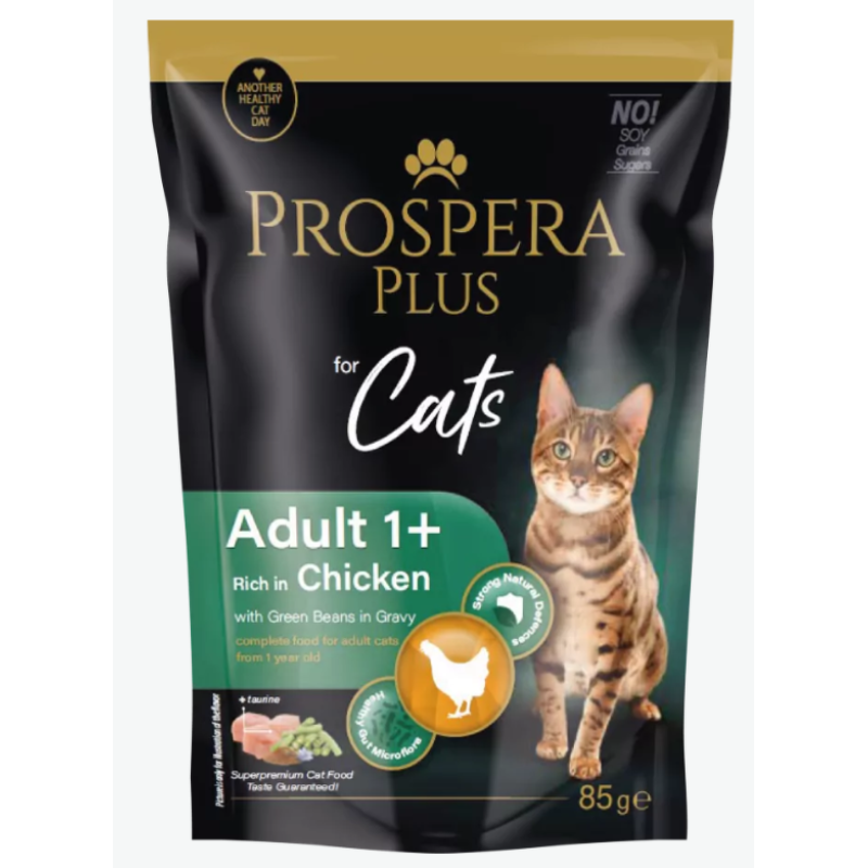 Prospera Plus, Cat Pouch Adult 1+, with Chicken and Beans Wet Cat Food, 85 g