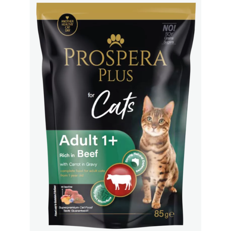 Prospera Plus, Cat Pouch Adult 1+, with Beef and Carrot Wet Cat Food, 85 g