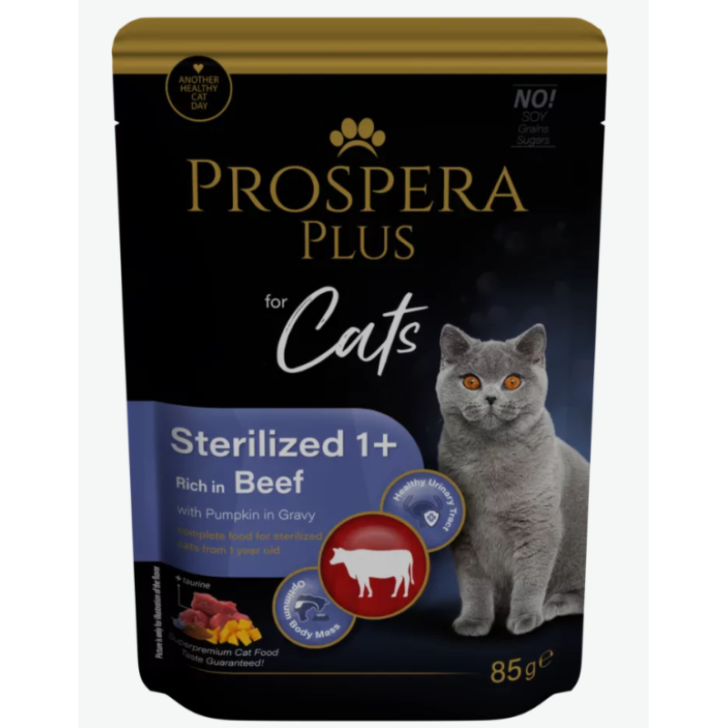 Prospera Plus, Cat Pouch Sterilized 1+, with Beef and Pumpkins Wet Cat Food, 85 g