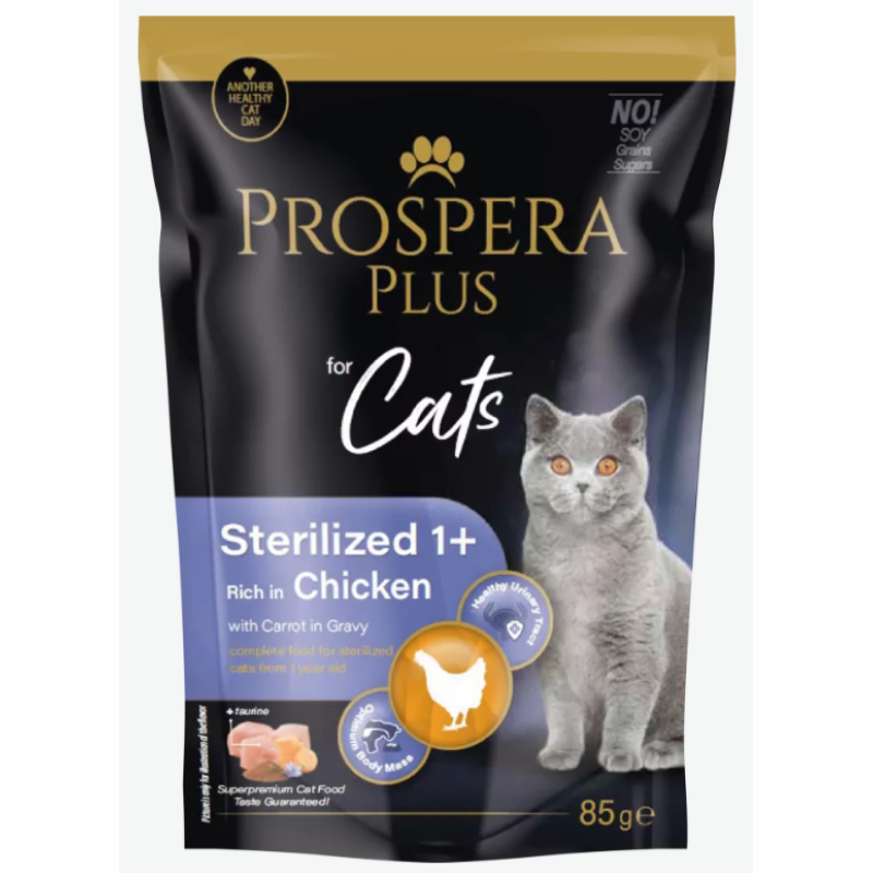 Prospera Plus, Cat Pouch Sterilized 1+, with Chicken and Carrot Wet Cat Food, 85 g