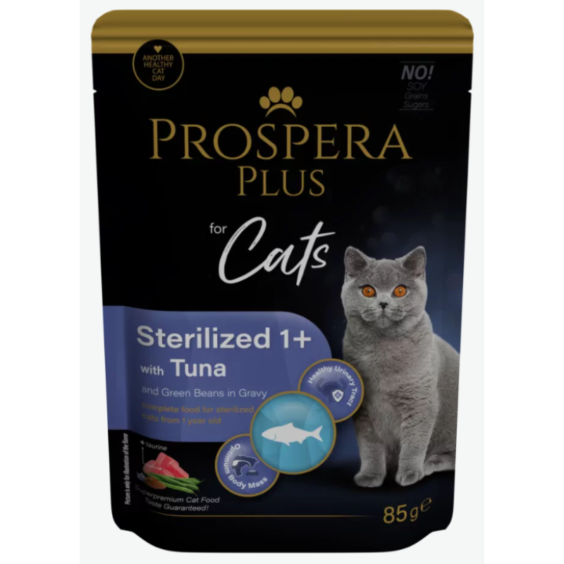 Konservi kaķiem - Prospera Plus, Cat Pouch Sterilized 1+, Tuna and Beans, 85 g
