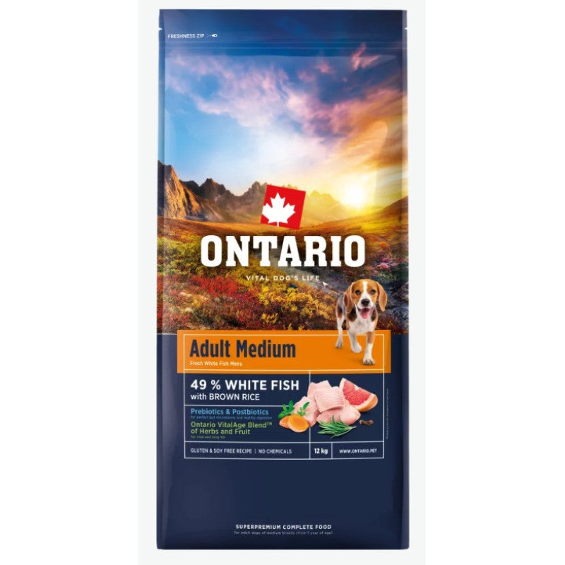 Ontario Dog Adult Medium Dry Dog Food with Fish and Rice, 12 kg