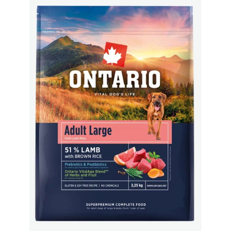 Ontario Dog Adult Large Sausā Barība Suņiem ar Jēru, Rīsiem, 12 kg