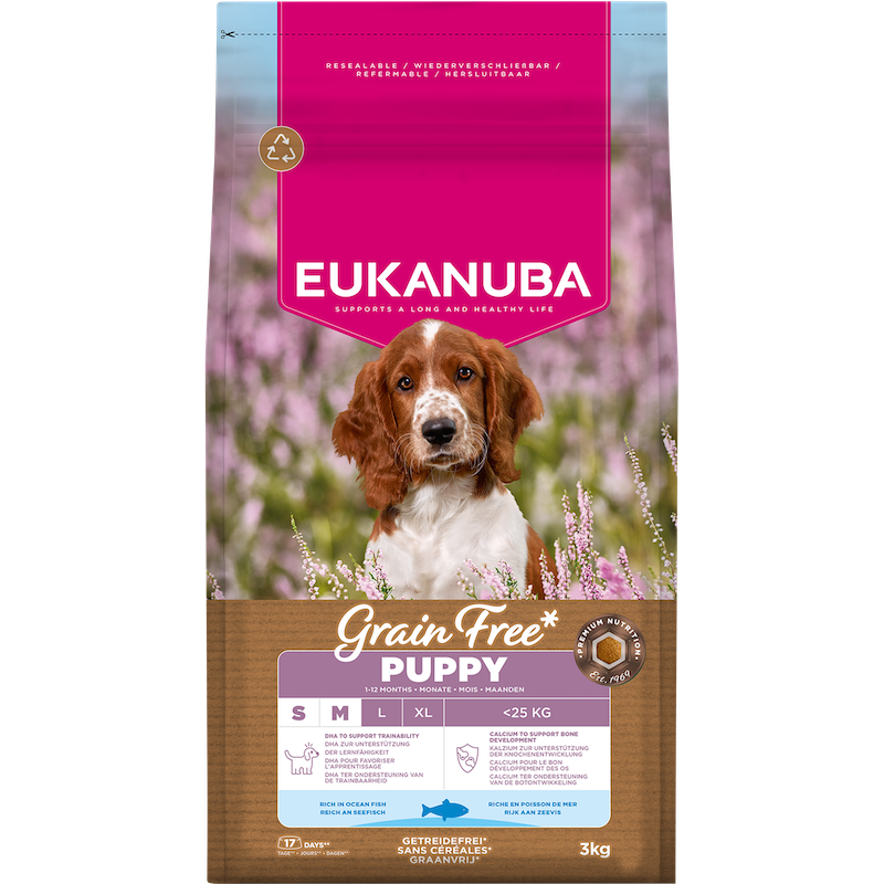 Eukanuba Trockenfutter für Hunde Puppy & Junior, Small & Medium, getreidefrei mit Meeresfisch, 3 kg