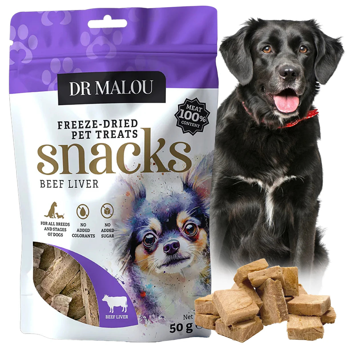 Dr Malou Freeze-Dried Meat Chunks with Beef Liver for Dogs, 50g