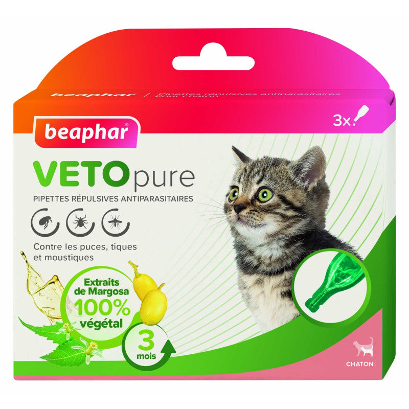 Beaphar Veto Pure Bio Spot On pour chatons, 3 pipettes - Protection naturelle contre les puces, les tiques et les parasites