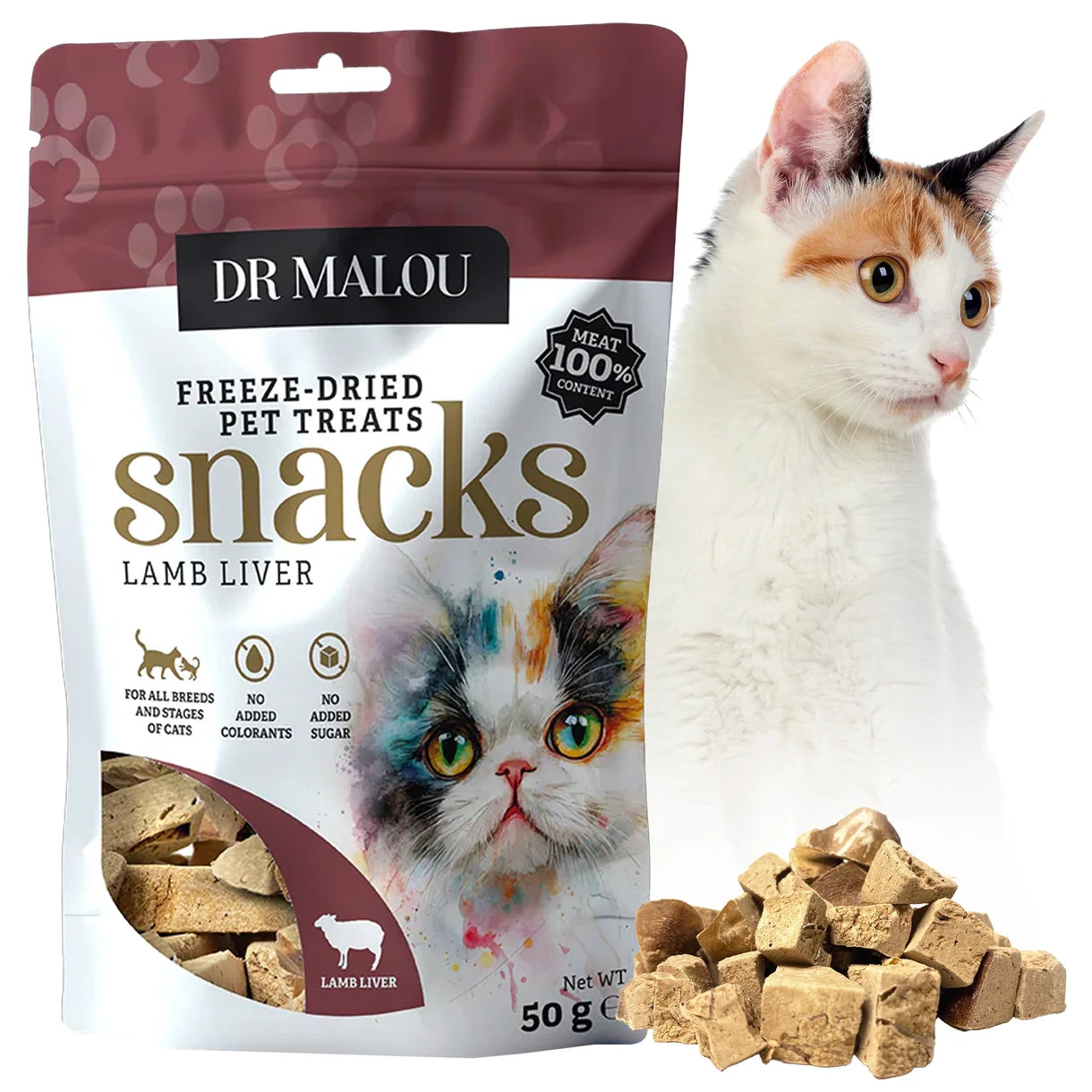 Dr Malou Freeze-Dried Meat Cubes for Cats with Lamb Liver, 50 g