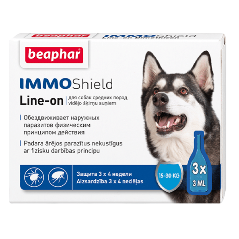 Beaphar IMMO SHIELD LINE ON para Perros Medianos, 11-25kg, 3 pipetas x 3 ml - Protección Avanzada contra Pulgas, Garrapatas y Mosquitos