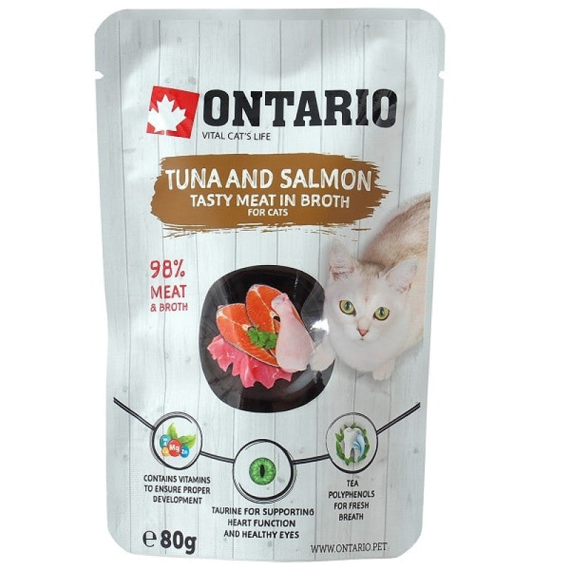 Ontario Comida Húmeda para Gatos en Bolsa con Atún y Salmón en Caldo 80g