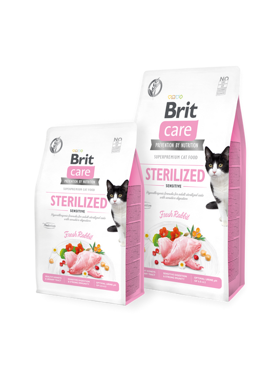 Brit Care Cat GF Sterilized Sensitive Sausā barība pieaugušiem kaķiem ar svaigu trusi, bez graudiem, 7kg