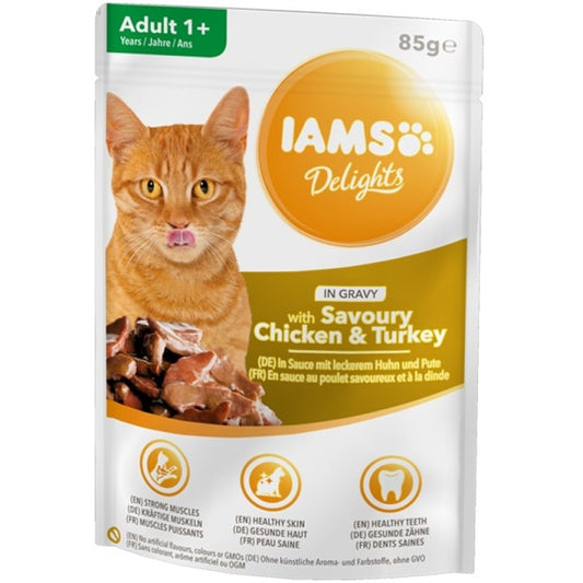 Iams mitrā barība kaķiem delight ar vistu & tītaru mērcē, 85 g