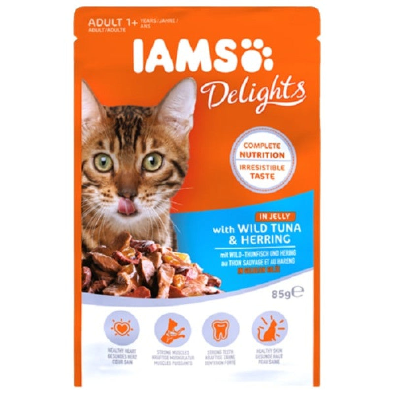 Iams Wet Cat Food Delight with Tuna & Herring in Jelly, 85 g