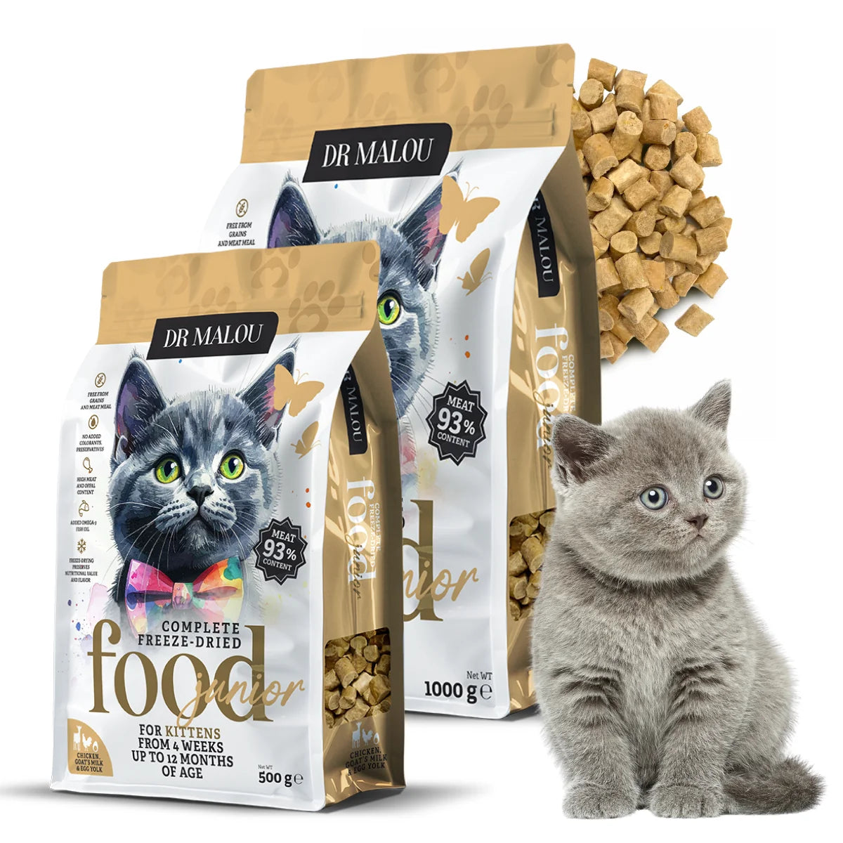 Dr Malou Freeze-Dried Kitten Food with Chicken, Goat's Milk & Egg Yolk for Kittens, 500 g