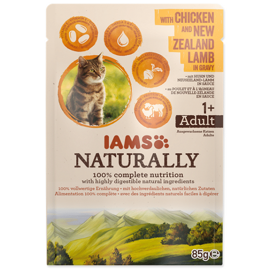 Iams Comida Húmeda para Gatos Naturally Adult con Pollo y Cordero en Salsa, 85 g