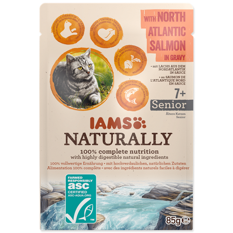 Iams Comida húmeda para gatos Naturally Senior con salmón en salsa, 85 g