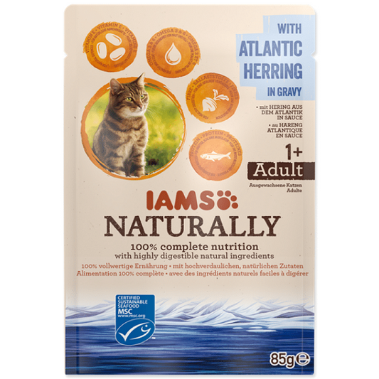 Iams Comida húmeda para gatos Naturally Adult con arenque del Atlántico en salsa, 85 g