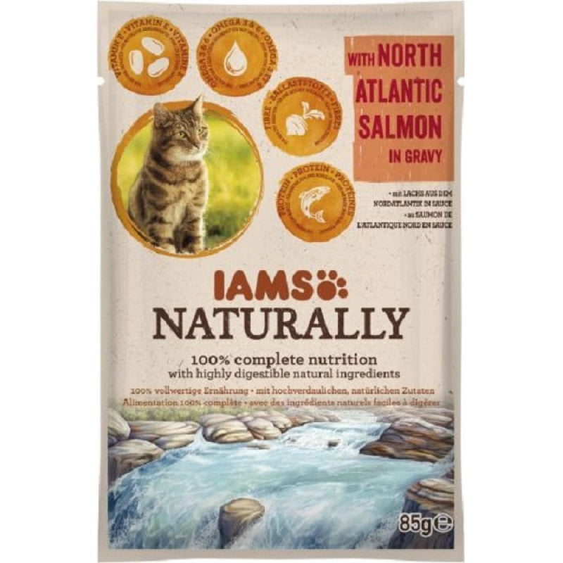 IAMS Food Wet Cat Food Naturalmente adulto con salmón en salsa, 85 g