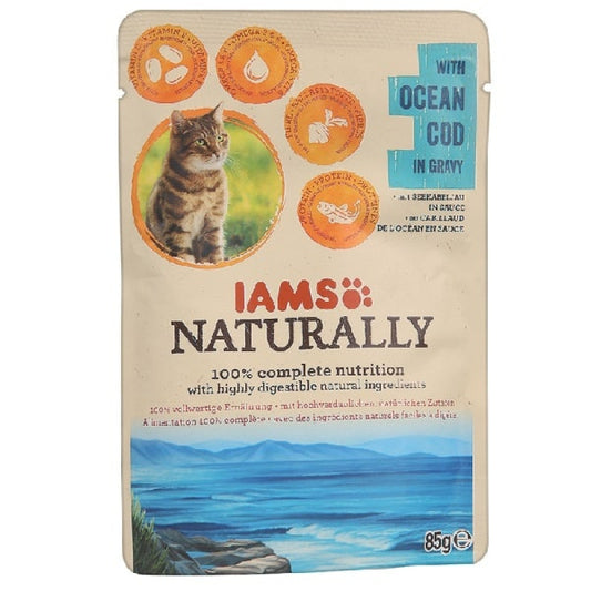 Iams Comida húmeda para gatos Naturally Adult con bacalao en salsa, 85 g