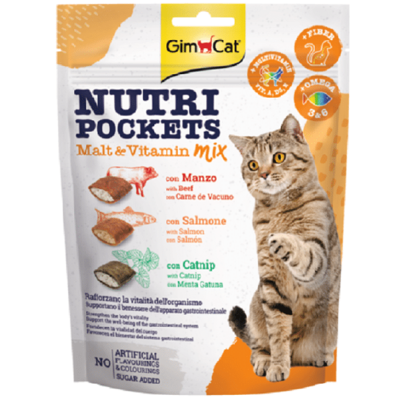 GIMBORN Nutri Pockets Malt Vitamin Mix med Nötkött, Lax, Kattmynta, 150g