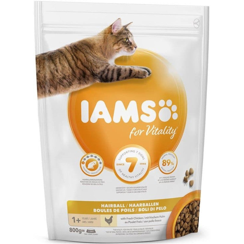Iams Trockenfutter für Katzen mit Haarballen für Erwachsene und Huhn, 800 g