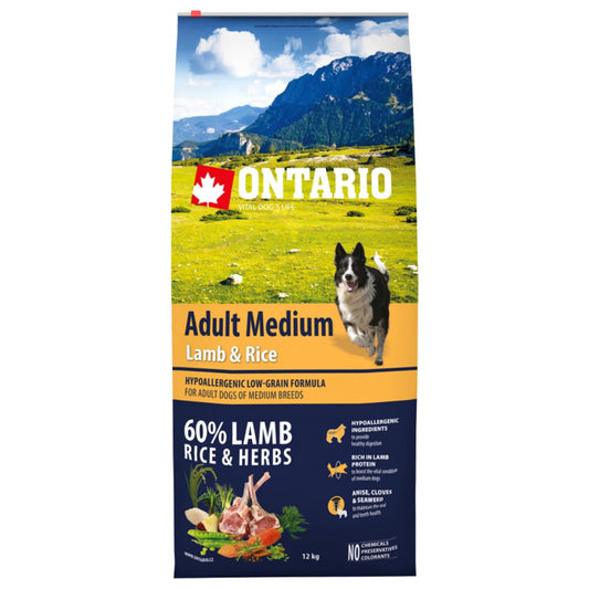 Ontario Dog Adult Medium Dry Dog Food with Lamb and Rice, 12 kg