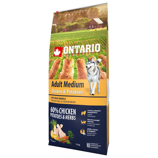 Ontario Dog Adult Medium Dry Dog Food with Chicken and Potatoes, 12 kg