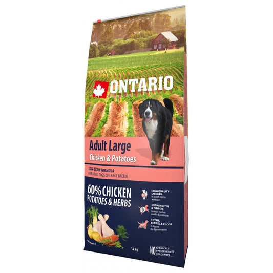 Ontario Dog Adult Large Sausā Barība Suņiem ar Vistu un Kartupeļiem, 12 kg