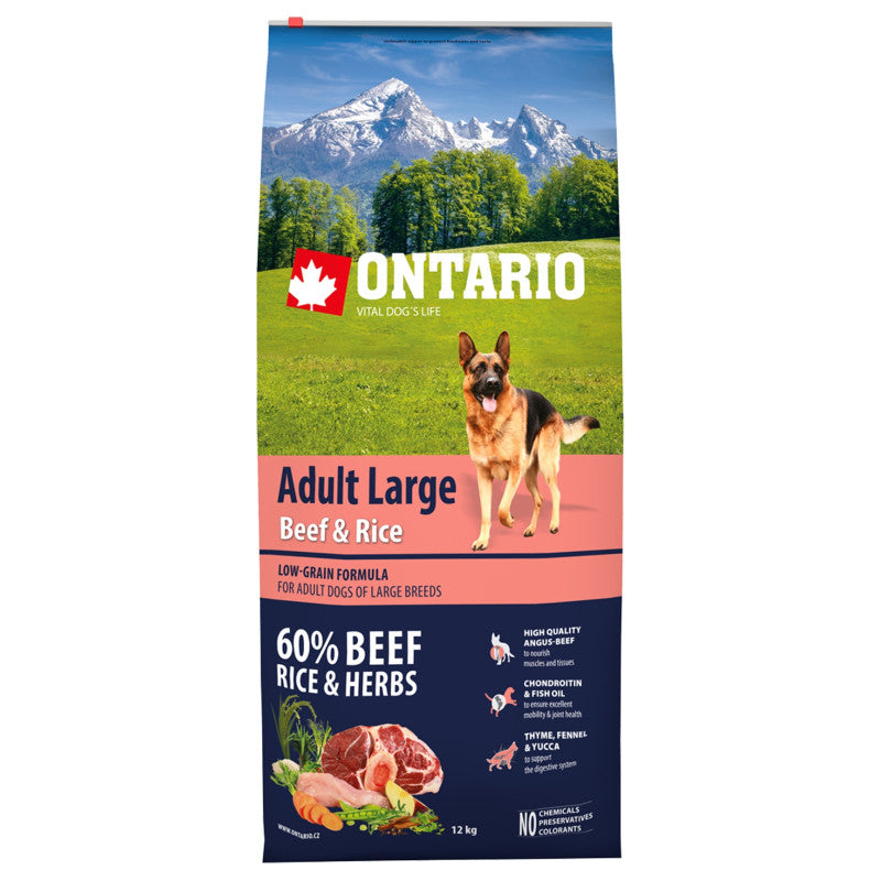 Ontario Dog Adult Large Dry Dog Food with Beef, Rice and Turkey, 12 kg