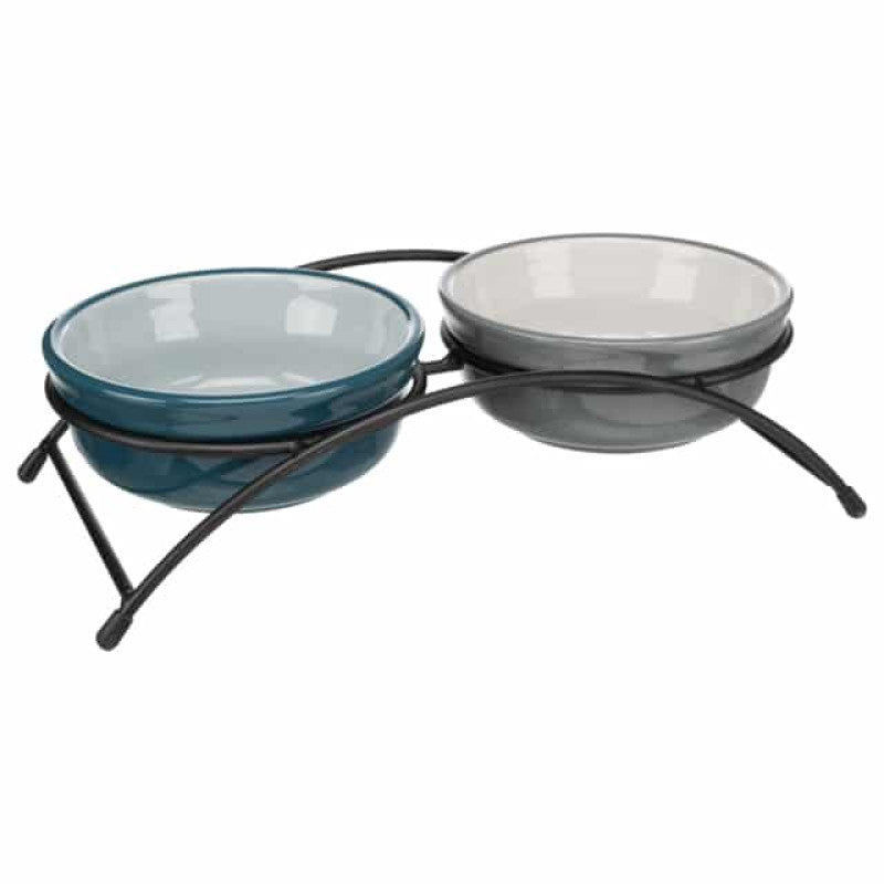 Trixie Skålset, keramik/metal, 2×0.6 l/ø 15 cm/32×9×16 cm, petrol/ljus petrol/grå/ljus grå