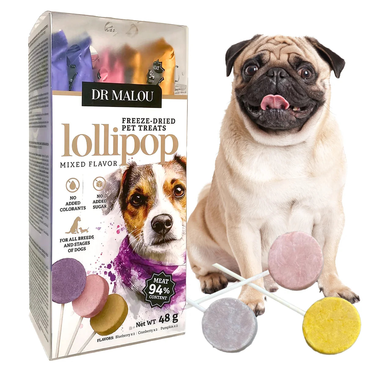 Dr Malou Freeze-Dried Meat Lollipops for Dogs - Mixed Flavours, 48g 6 pcs.
