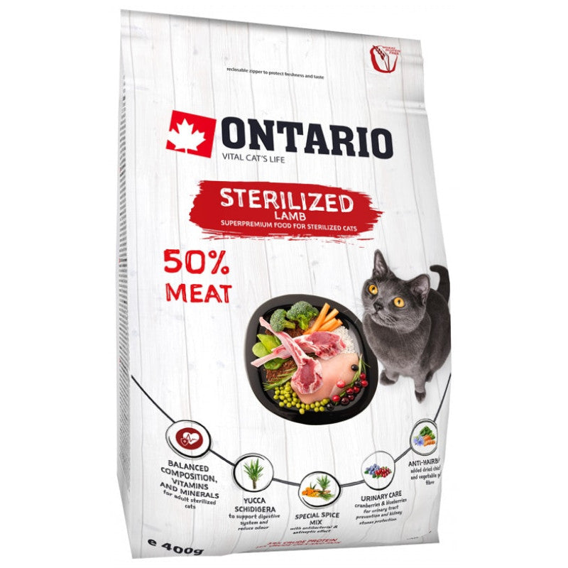 Ontario Trockenfutter für Katzen, sterilisiert mit Lamm, 400 g