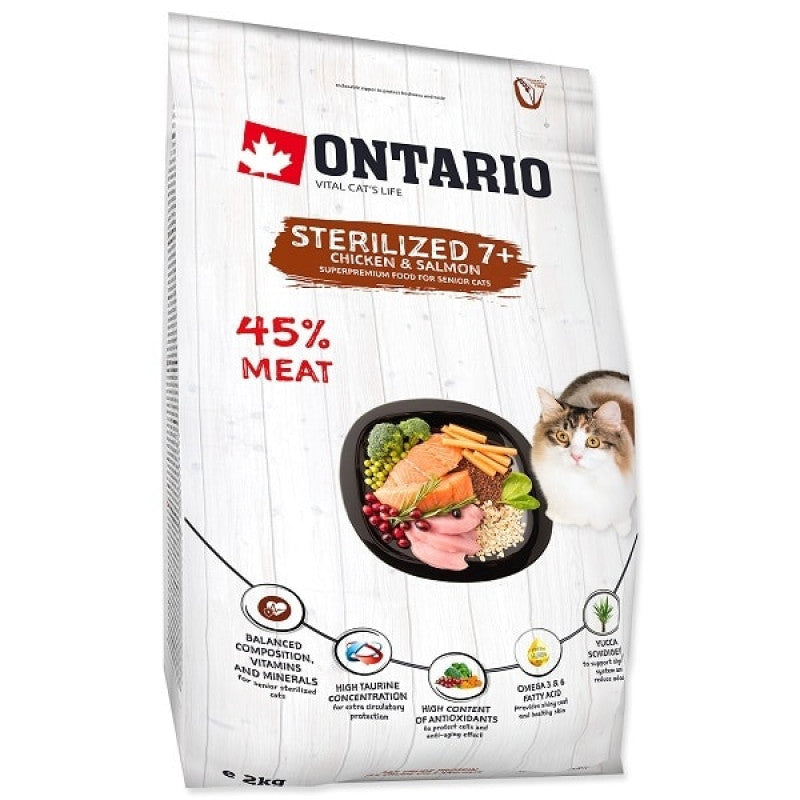 Ontario sausā barība kaķiem sterilised 7+ ar vistu un lasi, 2 kg