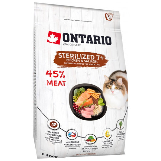 Ontario sausā barība kaķiem sterilised 7+ ar vistu un lasi, 400 g