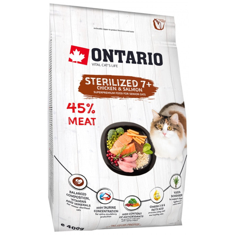 Ontario Trockenfutter für Katzen, sterilisiert 7+, mit Huhn und Lachs, 400 g