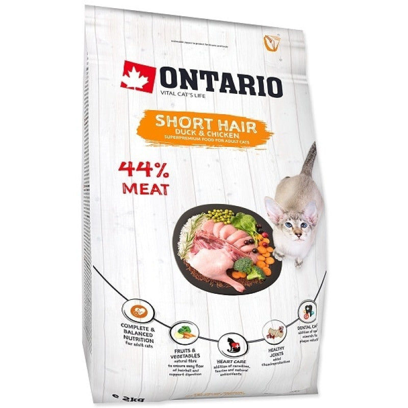 Ontario Trockenfutter für Katzen Kurzhaar mit Ente und Huhn, 2 kg