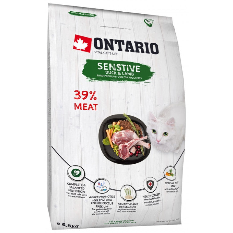 Ontario Dry Cat Food Sensitive Derma with Duck and Lamb, 6,5 kg