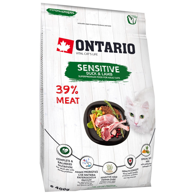 Ontario Trockenfutter für Katzen Sensitive Derma mit Ente und Lamm, 400 g