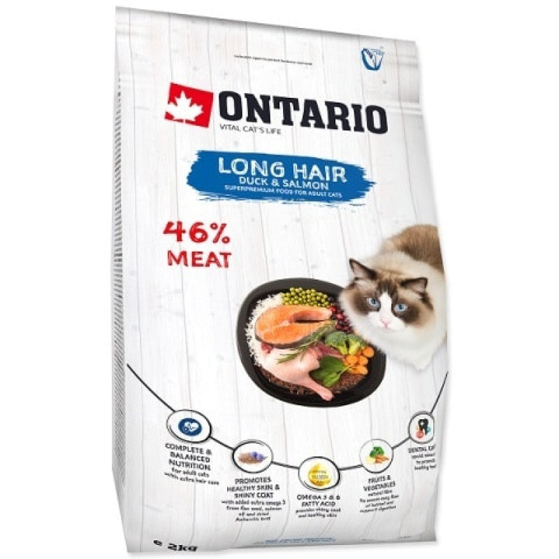 Ontario Dry Cat Food Long Hair with Duck and Salmon, 2 kg