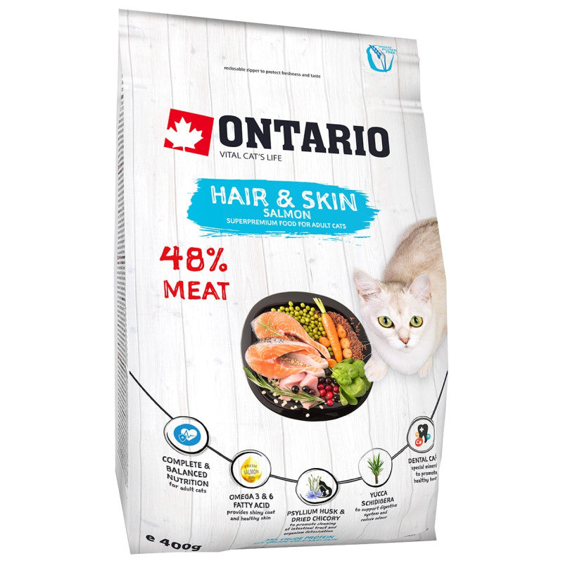 Ontario sausā barība kaķiem hair and skin ar lasi 400 g