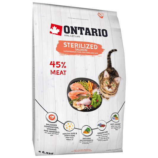 Ontario sausā barība kaķiem sterilised ar salmon, 6,5 kg