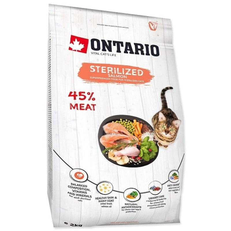 Ontario sausā barība kaķiem sterilised ar salmon, 2 kg