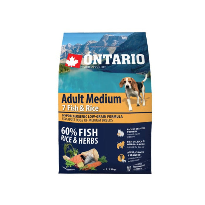 Ontario Dog Adult Medium Dry Dog Food with Fish and Rice, 2,25 kg