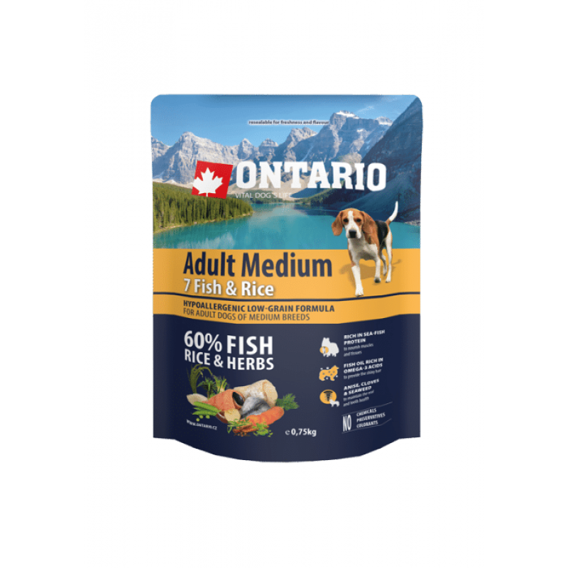 Ontario Dog Adult Medium Sausā Barība Suņiem ar Zivi un Rīsiem, 0,75 kg