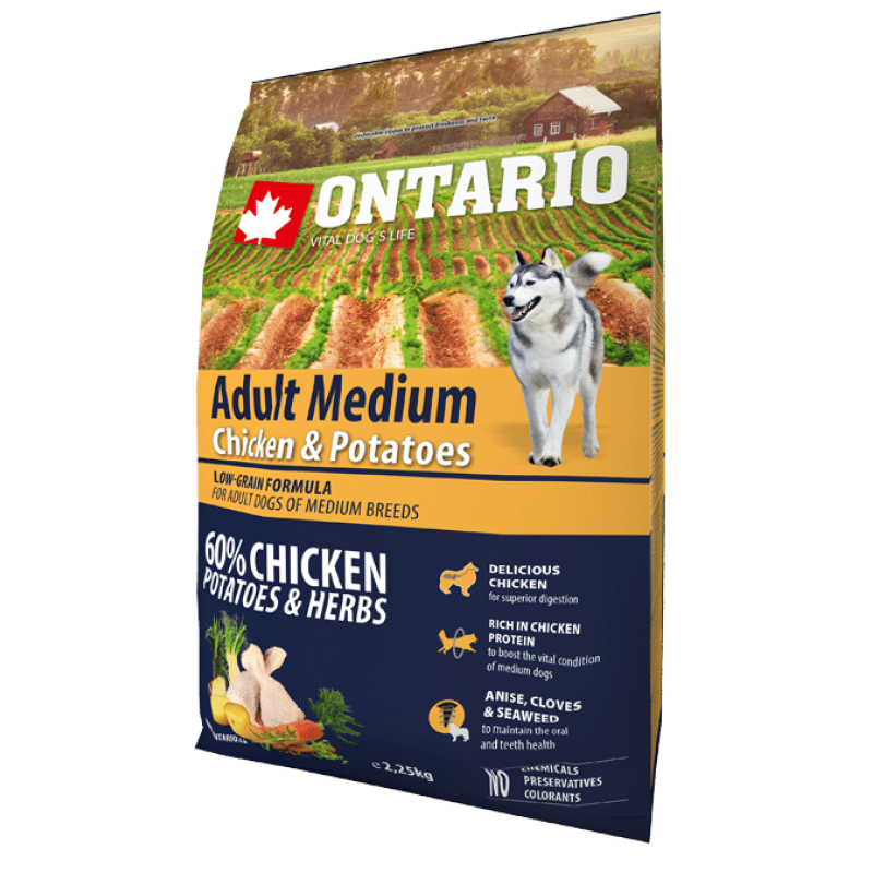 Ontario Dog Adult Medium Dry Dog Food with Chicken and Potatoes, 2,25 kg