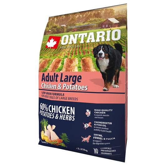 Ontario Dog Adult Large Sausā Barība Suņiem ar Vistu un Kartupeļiem, 2,25 kg 