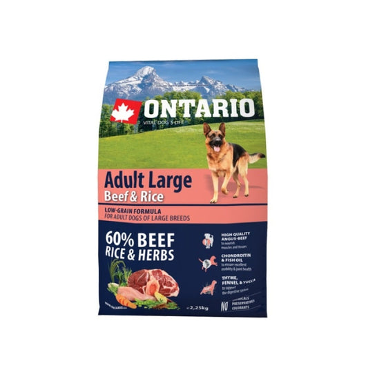 Ontario Dog Adult Large Sausā Barība Suņiem ar Liellopu, Rīsiem un Tītaru, 2,25 kg